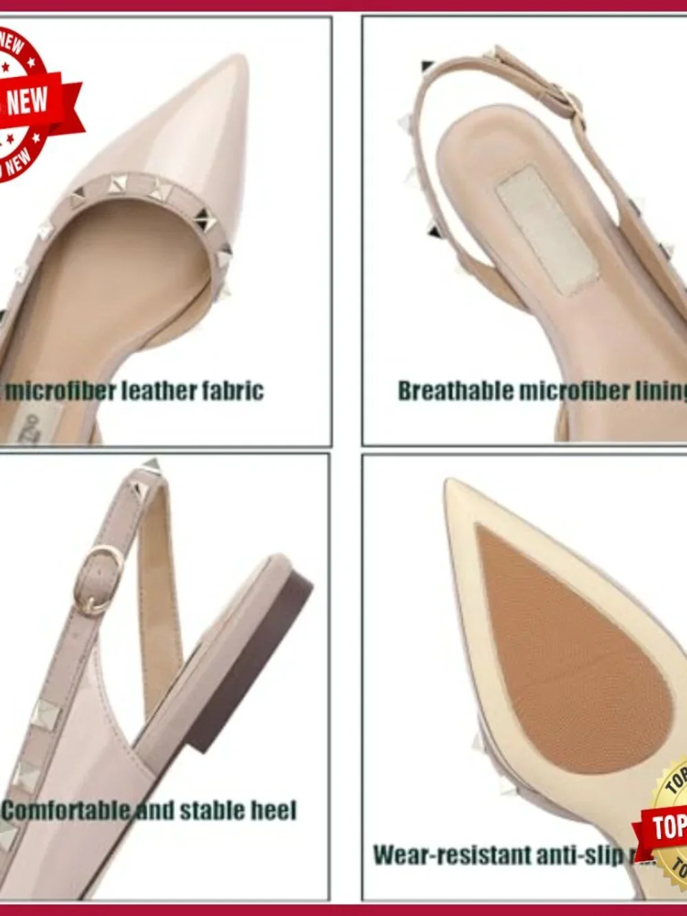 Pointed Toe Slingback Flats with Rivets Buckle